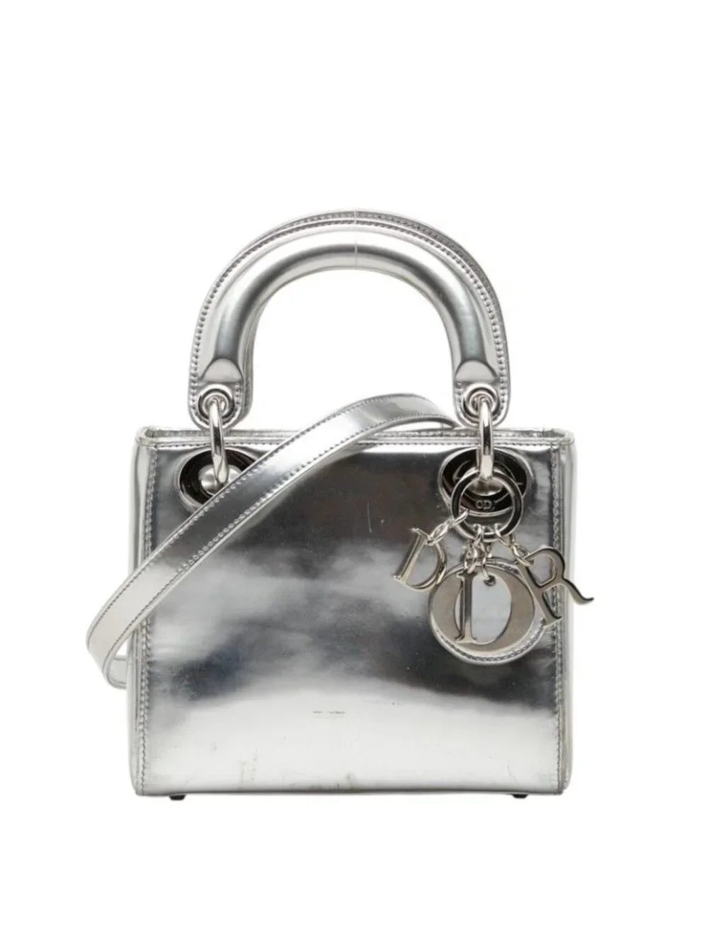 Dior Lady Dior Mini 2-Way Shoulder Bag Silver Patent Leather